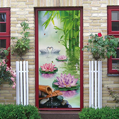 Stickers Porte 3D Trompe L'Oeil Auto-Adhésif Autocollant De Porte Mural Poster De Porte Bambou Lotus Zen Amovible Papier Peint Salon Chambre Salle De Bain Décoration 77X200Cm