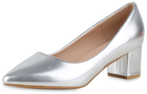 VAN HILL Damen Klassische Pumps Blockabsatz Basic Klassisch Schuhe 213541 Silber 36