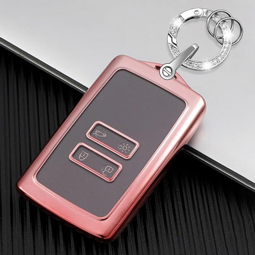 QIULIFAN Key Card Case for Renault Key Fob 4 Buttons TPU Key Cover with Keyring for Renault Megane Clio Captur Kadjar Espace Dacia Duster,Pink