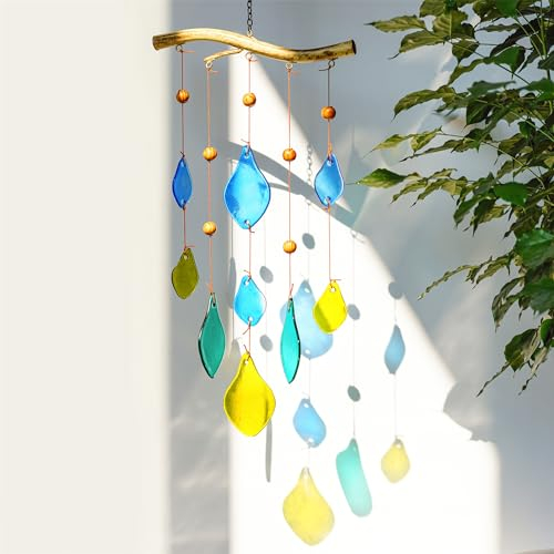 Sonnenfänger-Kunst-Windspiel aus Glas für draußen, 59,4 cm, Fenster-Windspiel, Outdoor-Dekoration, handgefertigtes Glas-Windspiel mit Metallzweig