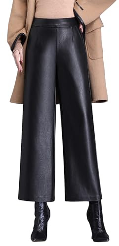 Lucrosun Women's Elastic High Waist Wide Leg Faux Leather Pants Palazoo Trousers(Black-elasticwaist-L)