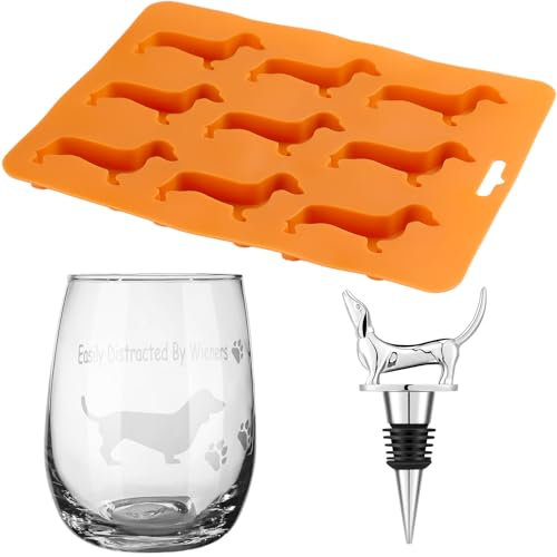 Sunnychicc 3 Stück Dackel-Geschenke für Frauen, Wiener Hundeliebhaber, Geschenke inklusive lustigem Hunde-Weinflaschenverschluss, 425 ml, ohne Stiel, Dackel, Weinglas, Wurst, Hund,