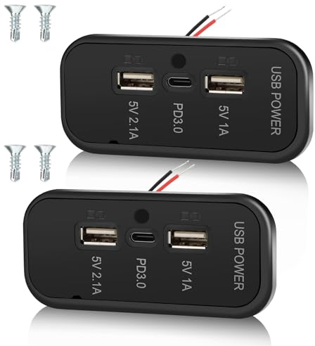 Gibbab 2 Stück PD3.0 Type-C 3 Anschlüsse 12V USB-Anschluss 45,5W & Doppel-USB-A-Anschluss 3,1A Wandmontage-Panel, Auto-Ladeadapter für Wohnmobil/Marine/Bus/LKW