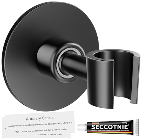 Drenky Support Pommeau de Douche Sans Percage, Universel Support de Douche en Acier Inoxydable 304 Support Douchette Mural Avec Colle Forte Fixation Pommeau de Douche Réglable à 360 ° (Noir)