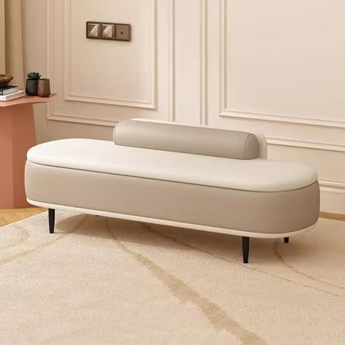 LEIYTFE Ottoman Storage Bench with Seat,Entryway Storage Box,Modern End of Bed Bench Living Room Bench with Lumbar Pillow Faux Leather Footrest Stool(Beige+Light Grey,100cm)