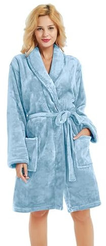 U2SKIIN Bademantel Damen kurz flauschig Plüsch weich warm Morgenmantel Damen leicht Bademäntel für Frauen (Hellblau, S/M)