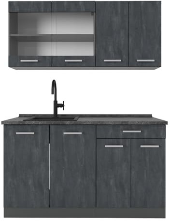 Vicco Singleküche R-Line, Schwarz Beton/Anthrazit, 140 cm ohne Arbeitsplatte
