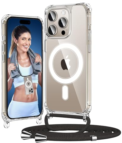 HeIssitot Handykette kompatibel mit iPhone 15 Pro Hülle mit Band, [kompatibel mit MagSafe] Durchsichtig Dünn Handyhülle mit Kette,Stoßfeste zum Umhängen Necklace iPhone 15 Pro Hülle (Schwarz)