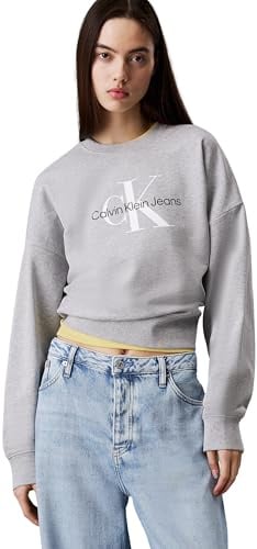 Calvin Klein Damen Sweatshirt Monologo French Terry mit Rundhalsausschnitt, Grau (Heroic Grey Heather), L