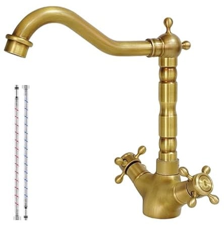 KOPYFANTAP Wasserhahn Küche Bronze Antike, Wasserhahn Waschbecken Bad Hoch Messing Retro, Zweigriff Mischbatterie Kupfer 360° Drehbar für Badezimmer Küche