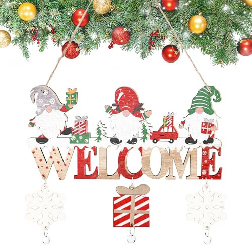 Kleemeiero Decorazioni Natalizie da Appendere alla Porta Decorazioni Natalizie in Legno da Appendere con Babbo Natale e WELCOME Segno per Porta in Legno Natale per Albero di Natale Porta Finestra