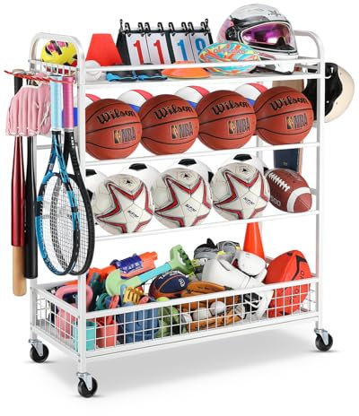 EXTCCT Garage Sports Equipment Organizer - Rolling Ball Storage Bin with Wheels, Garage Sports Gear Rack Outdoor Basketball Racks for Balls with Baseball Bat Holder and Hooks, Toy Organizer(White)