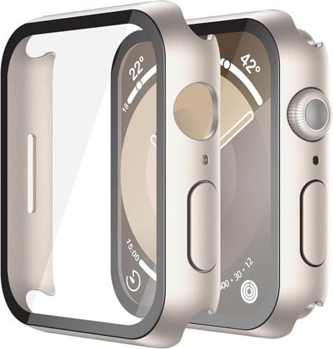 Misxi 2-Stück Hartes PC Hülle mit Displayschutz aus Gehärtetem Glas Kompatibel mit Apple Watch Series 9 Series 8 Series 7 41mm, Anti-Drop Kratzfestes Leichtgewicht Cover für iWatch, 2 Sternenlicht