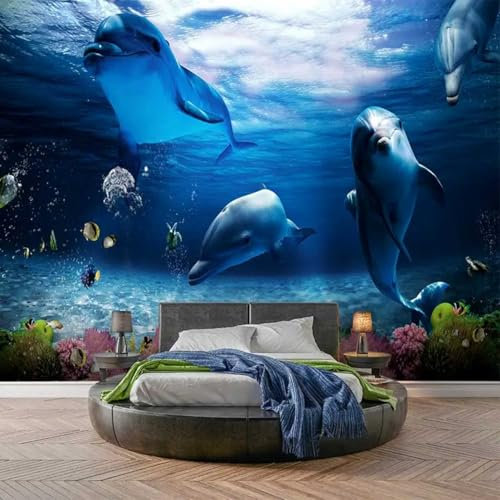 3D Dauphin De Dessin Animé Papier Peint Photo 3D Grand Autocollant Mural 3D Animaux Marins, Peinture Murale Amovible, Décoration Murale Pour Salle À Manger, Chambre À Coucher, Salon 300x210cm