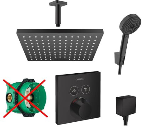 Hansgrohe Duschsystem mit Unterputz Duscharmatur von Hansgrohe Regendusche mit Armatur, Duschkopf eckig, Deckenarm Dusch-SET HGSK06-ob schwarz matt