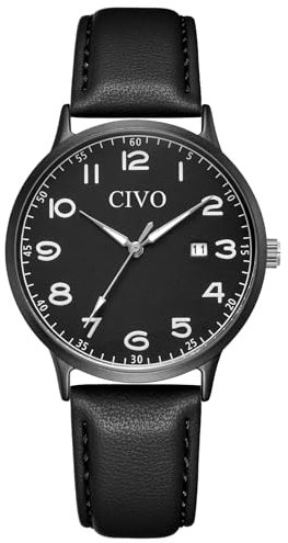 CIVO Damenuhr Lederarmband Armbanduhr Damen: Schwarz Uhren Damen Datum Vintage Elegant - Minimalistische Design Uhr Analog Klassisch Geschenke für Frauen