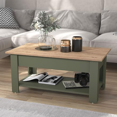 Galano Brixburn Coffee Table – Modern Storage Table with Distressed Oak Finish for Living Room, Entryway, or Foyer – Space-Saving Design – Kale Green/Oak