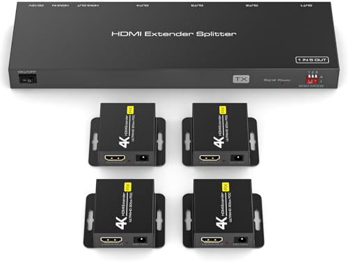 VEDINDUST HDMI Splitter Extender 4k30Hz 1 Entrada 5 Salida 50m 165ft Sobre Cat5e / 6/7 Alargador HDMI Ethernet Transmisor Receptor Soportado Configuración EDID (Incluye 1 Bucle de Salida)