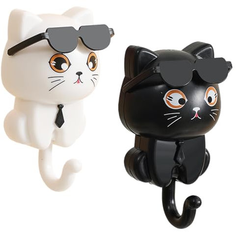 XZSKD 2 Pcs Key Holder for Wall Self Adhesive, self Adhesive Key Hooks,Creative,Cat Design Suitable for Hanging Keys, Towels, Backpacks, Hats, and Scarves (White and Black)