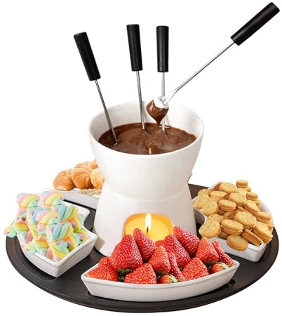 Bocguy Schokofondue Keramik, Schokobrunnen Set mit 4 Gabeln & 4 Keramiktellern & 1 Tablett, schokoladenfondue Käsefondue Schmelztopf für Obst, Kekse, Süßigkeiten für Haus, Restaurant und Café