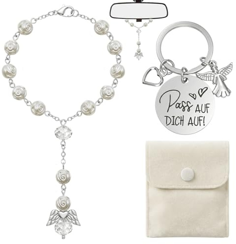 Hpbaggy Schutzengel Rosenkranz Auto Deko Set, Glücksbringer Geschenk | Perlen Rosenkranz Auto-Spiegel Anhänger & Schlüsselanhänger, inklusive Samt Aufbewahrungsbeutel, für Frauen Männer