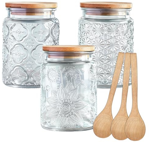 Glass Jars with Bamboo Lids, 3 Pack 700ml Vintage Glass Kitchen Storage Counter Jar with 3 Wooden Spoon, Vintage Canisters for Kitchen Pantry, for Coffee Beans, Tea, Cookie, Sugar (Transparent)