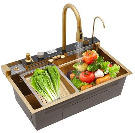 75 x 46 x 22 cm Fregadero de cocina dorado, fregadero multifuncional de acero inoxidable, fregadero cascada con pantalla LED, 1 lavabo rectangular con grifo extraíble, limpiador de tazas y dispensador