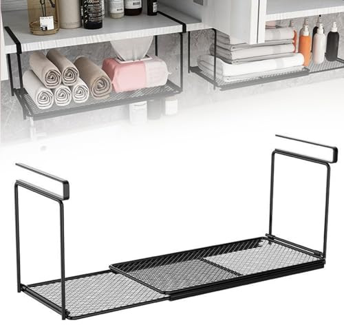 TFLPUO Unterregal Hängekorb Regal, 40-70cm Verstellbarer Hängend Küchenschrank Organizer Hängekorb Regal Unterregal Ausziehbar Schwarz für Küche Schrank Tisch Bad