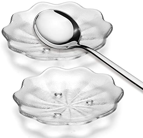 Glass Spoon Rest Set of 2, Small Flower Shaped Spoon Rest Holder for Stove Top Countertop Coffee Station Decor, Kitchen Accessories, Clear