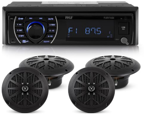 Pyle Autoradio Bluetooth, Stereo Nautico per Yacht e Accessori Barca con Radio AM/FM, Lettore MP3/SD, Display LCD e Microfono, Kit con 4 Altoparlanti Impermeabili 16,5 Cm, Casse Audio Speaker