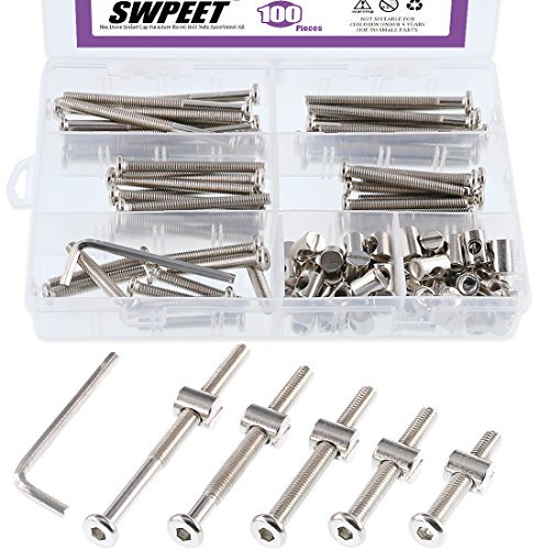 Swpeet 100Pcs Vis pour lit d'enfant, M6 x35/45/55/65/75mm plaqué nickel Boulons et écrous à tête hexagonale pour lit d'enfant avec 1 x clé Allen Parfait pour meubles, lits d'enfant, vis pour lit