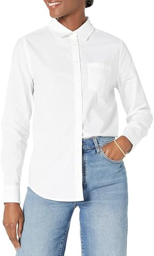 Amazon Essentials Chemise boutonnée en popeline à manches longues pour femme, coupe classique, blanc, L