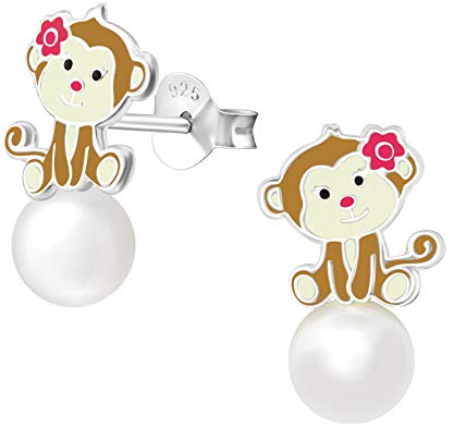 Monkimau Mädchen Ohrringe Affe Ohrstecker aus 925 Sterling Silver echt Silber mit 2 Synthetischen Perlen