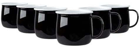 Argon Tableware Coloured Coffee Mugs - 375ml - Pack of 6 - Black Metal Insulated Enamel Mugs Lightweight Camping Belly Latte Mug Hot Chocolate Mug
