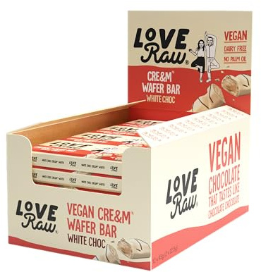 LoveRaw Choc Cream Wafer Bar White Choc • Vegan Chocolate • Dairy-Free • Palm Oil Free • Plant Based Chocolate Snack • 12 x 43g