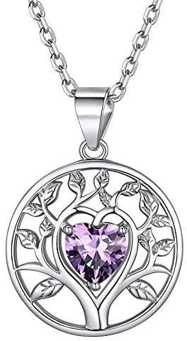 Tree of Life Birthstone Necklace for February Women Teens 925 Sterling Silver Simulated Amethyst Birth Gemstone Jewelry