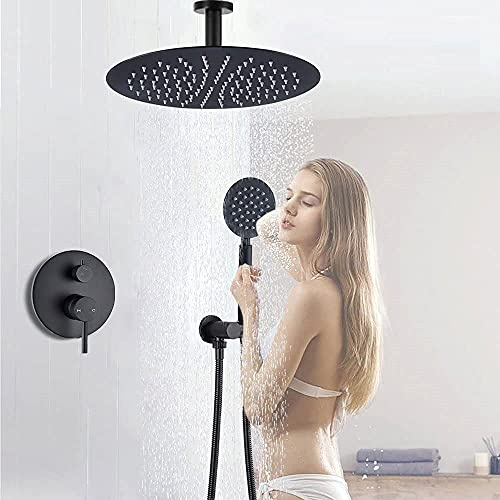 NMDCDH Système de Douche Robinet de Douche monté au Plafond Noir dans Le Mur Système de Douche encastré Robinet mitigeur de Douche de Salle de Bain Tête de Pluie en Acier Inoxydable, Mont