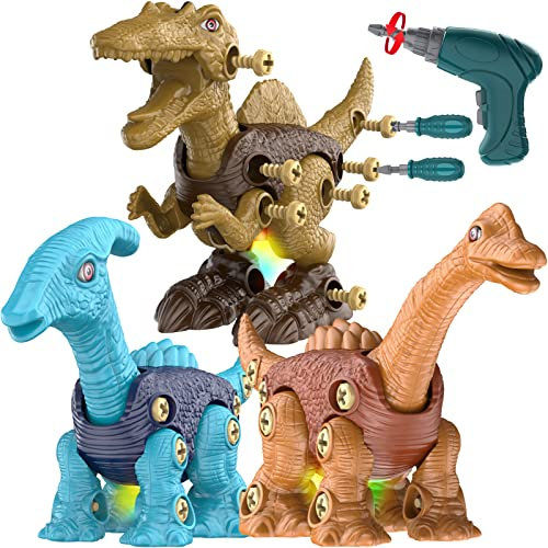 Zerlegen Sie Dinosaurier Spielzeug mit Elektrischer Bohrmaschine, DIY Puzzle Dinosaurier Inklusive Spinosaurus Brachiosaurus und Parasaurolophus, Geburtstagsgeschenke für Kinder 3+ Jahren