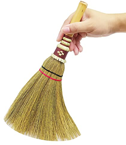 Brush Indoor 13.5 Inch Natural Grass Broom with Mini Bamboo Smooth & Hard Floor - Sweeping Cleaning Handmade Home, Kitchen, Bedroom, Lobby Room,Whisk Broom