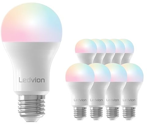 Ledvion - 10x Smart RGB+CCT E27 LED Lampe, 8W, 806 Lumen, Wi-Fi Beleuchtung, Dimmbar, Alexa & Google Home