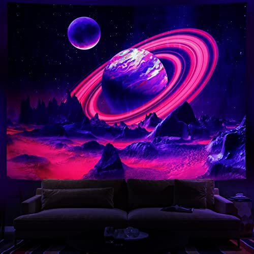 Leofanger Schwarzlicht-Wandteppich, Motiv: Trippy Planet, UV-reagierend, Galaxie, Weltraum, Sternenhimmel, Wandteppich, Wandbehang für Heimdekoration (179,8 x 235 cm)