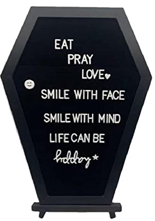 Schwarzes Briefbrett, gruseliges schwarzes Sarg-Briefbrett aus Filz mit vorgeschnittenen weißen Zeichen und Holzständer, Horror-Anschlagbrett, Gothic, gruselige Geschenke für Schlafzimmer, Party, Hall