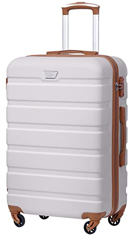 COOLIFE Hartschalen-Koffer Trolley Rollkoffer Reisekoffer ardschale Boardcase Handgepäck mit TSA-Schloss und 4 Rollen (Weiß/Braun, Großer Koffer)