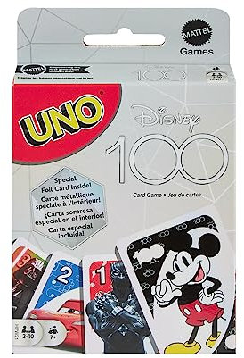 UNO Disney 100 - Gioco di carte per bambini, adulti e famiglie con personaggi Disney, carta stagnola da collezione