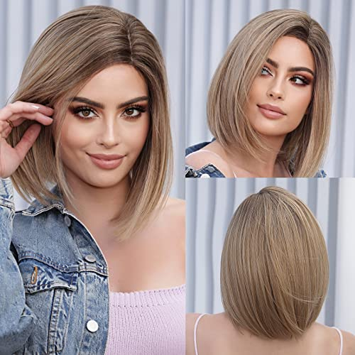 HAIRCUBE Seitenteil Braun Blonde Bob Perücken für Frauen mit Highlight Front-Lace Natur Perücke mit dunklen Wurzeln für Frau