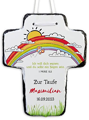 Feenstaub Taufkreuz, Schieferkreuz personalisierbar mit Namen, Datum und Spruch, Erinnerung an die Taufe, Taufgeschenk, personalisiertes Kinderkreuz zum Aufhängen oder Aufstellen, Regenbogen
