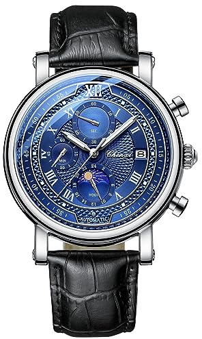FORSINING Herren-Armbanduhr, Quarz, Analog, Business, Leder, Moonphase, Casual, Chronograph, wasserdicht, blau, Riemen
