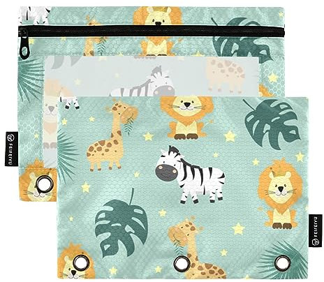 Mnsruu 2 Pack Binder Pouches,Lion Zebra Ring Binders File Folders Pen Bag for Office School