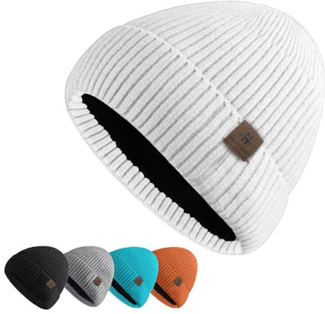 UNNESTAR Gorros de invierno para hombre de forro polar para hombre, mantener el calor en el clima frío, térmico, Toboggan Skull Cap Knitted, Blanco, Talla única
