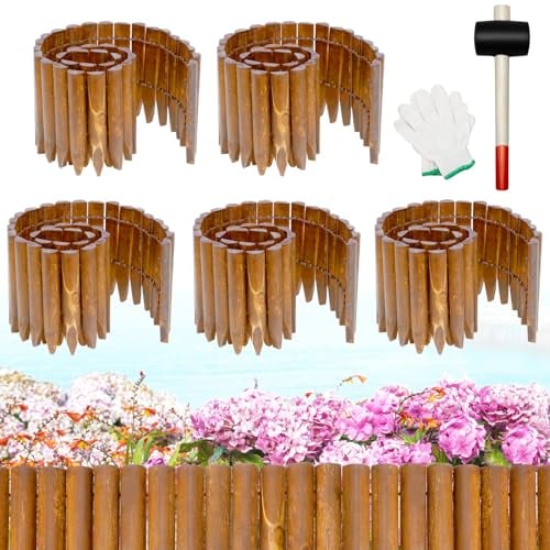 Hicarer 5 Stück insgesamt 6 m Holz Garten Einfassung Zaun Bordüre Holz Landschaft Grenze kein Graben dekorative Blumenbeet Barrieren mit Handschuhen Hammer für Baum, Rasen, Hof, 20,3 cm H x 119,4 cm L